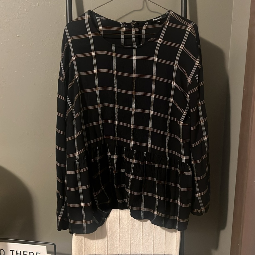Madewell Black Plaid Peplum Blouse